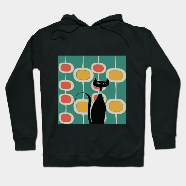 Retro Cat on Orange and Mid Century Bubbles Hoodie by Lisa Williams Design